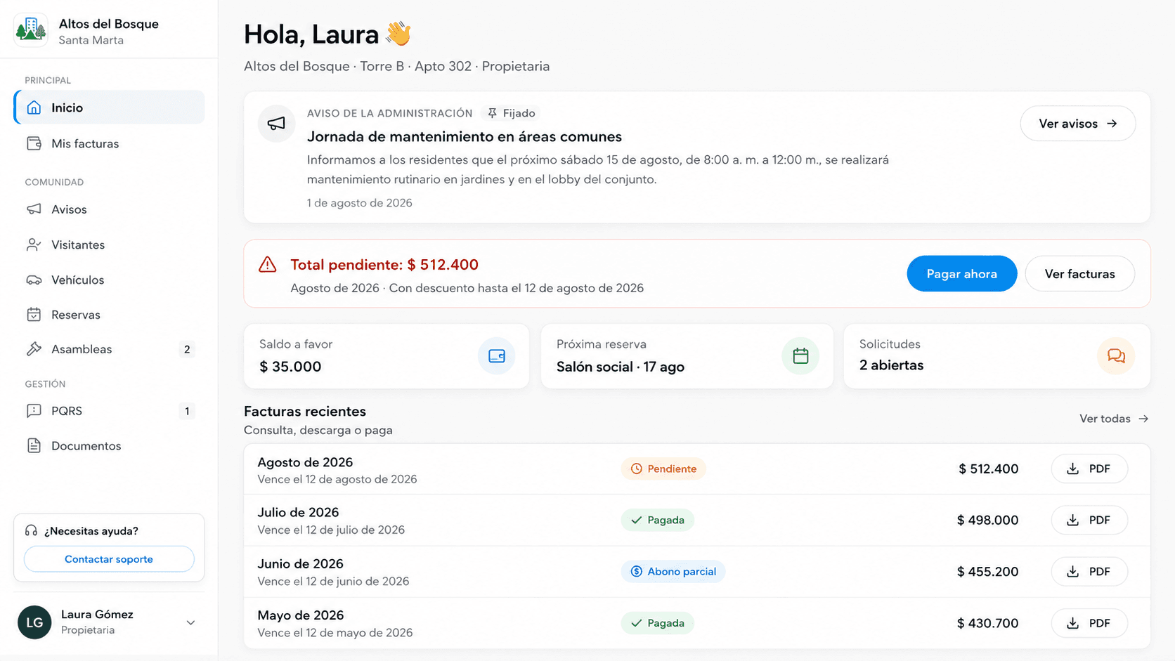 Portal del propietario en Vekino con avisos, total pendiente, saldo a favor y facturas recientes